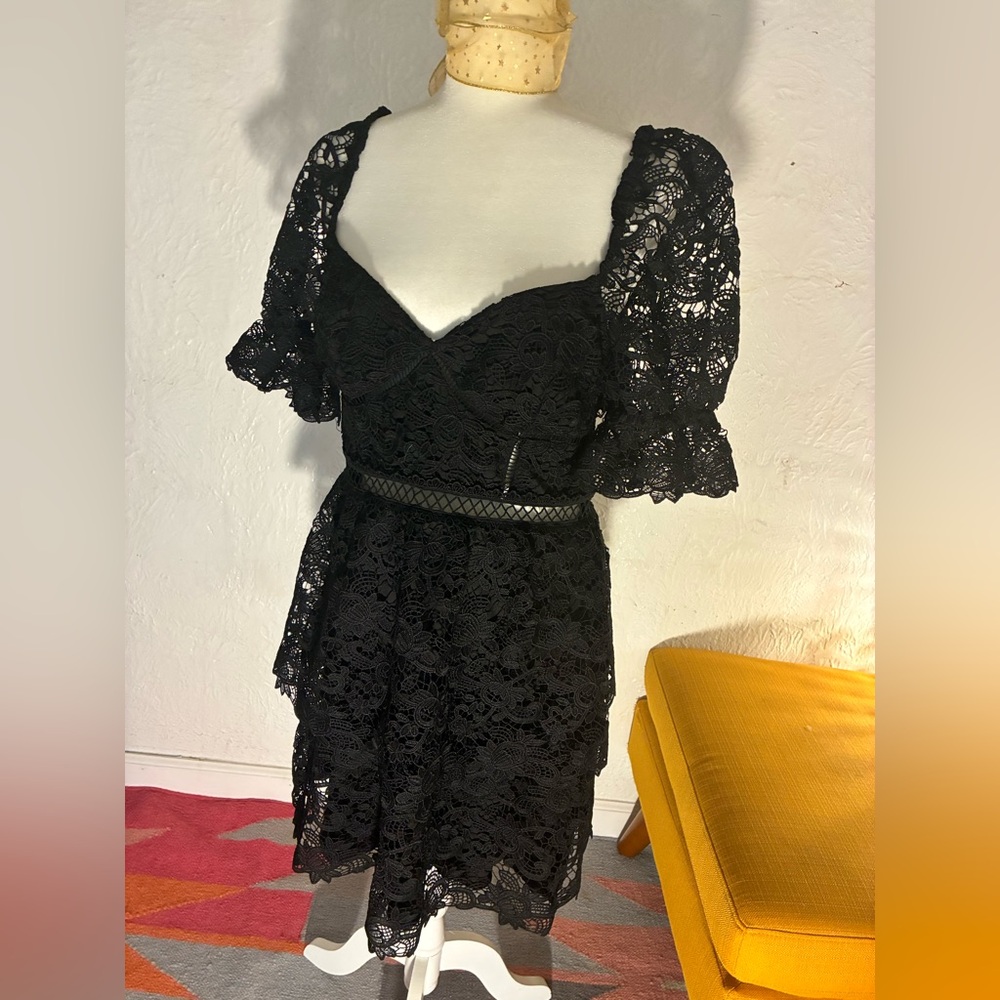 BARDOT Black Lace, corset, Puff Sleeve tiered Midi Dress.